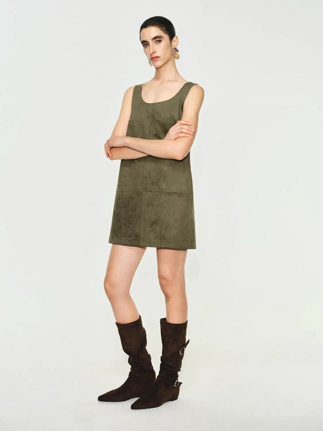 Panelled Straight Hem A-Line Sleeveless Mini Dress in olive suede, Urban Revivo Fashion