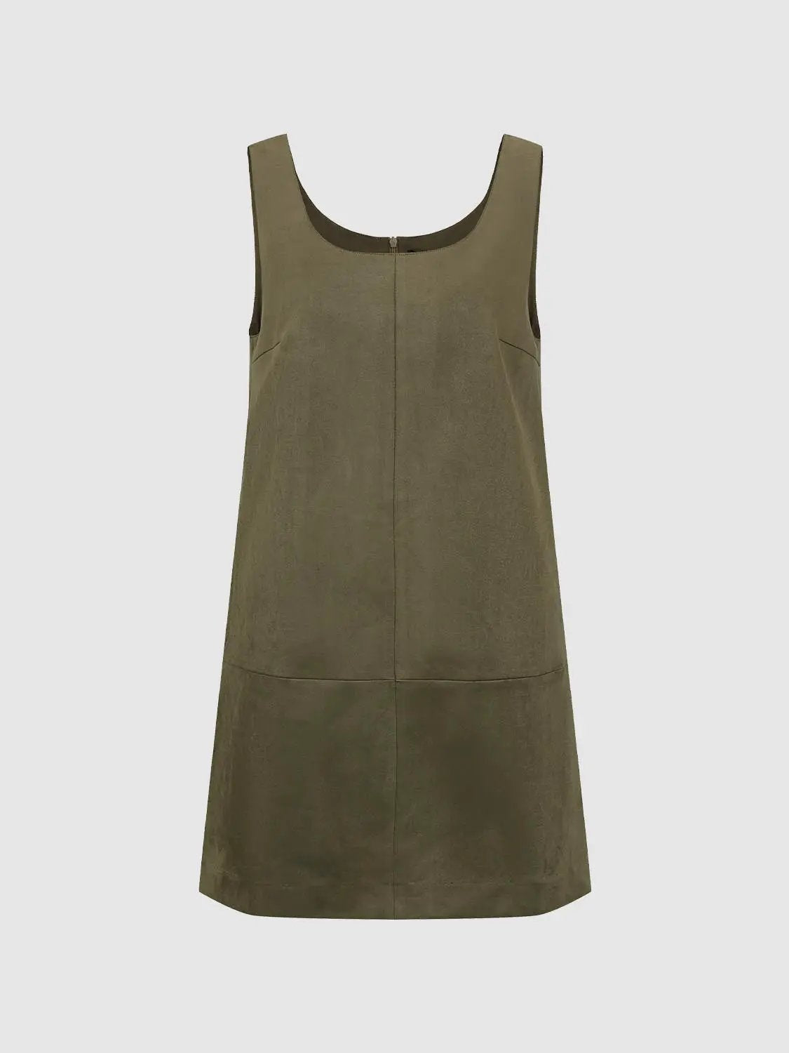 Panelled straight-hem A-line sleeveless mini dress in olive suede-like fabric