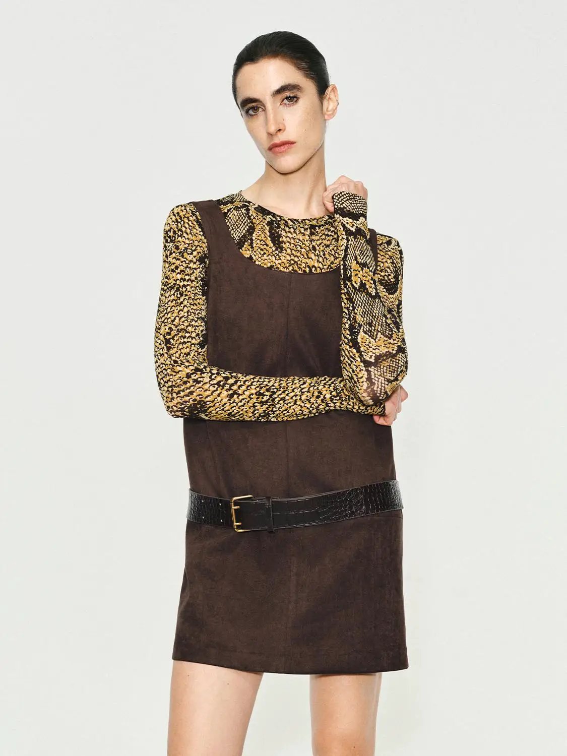 Panelled straight-hem A-line sleeveless mini dress in brown suede