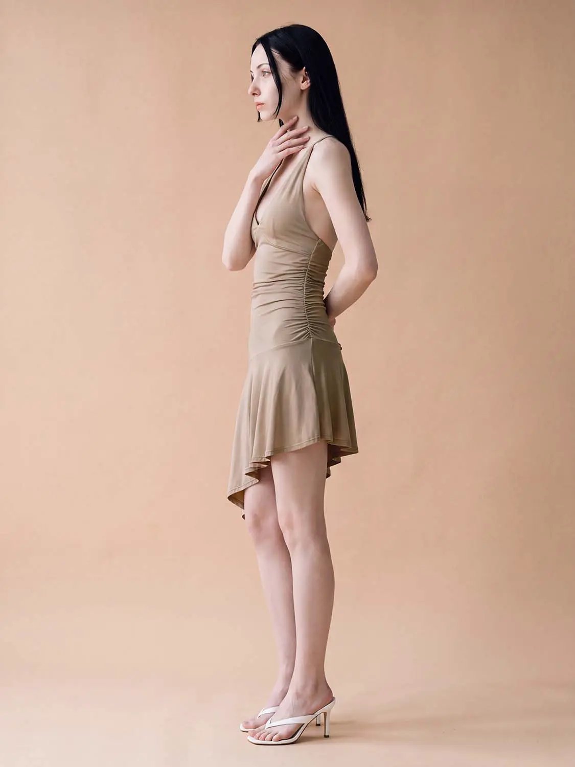 A-Line Dress Urban Revivo Fashion in beige with halter neckline and ruched side, high-low hem.