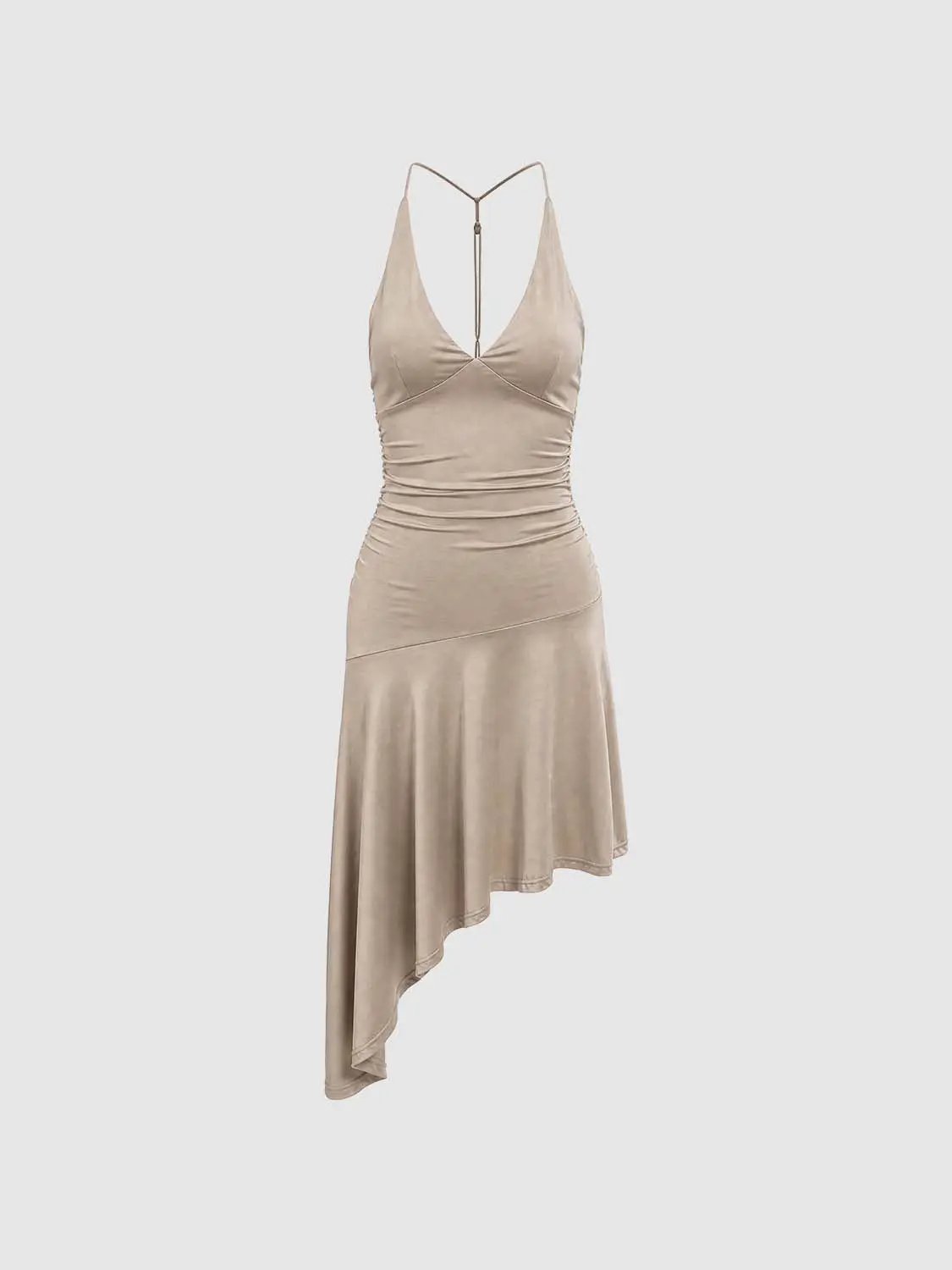 A-Line Dress in beige satin with halter neckline, ruched waist and asymmetric hem by Urban Revivo Fashion.