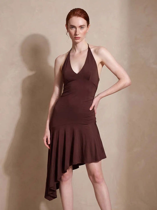 Ruched Sleeveless V-Neck Asymmetric Hem Mini Dress