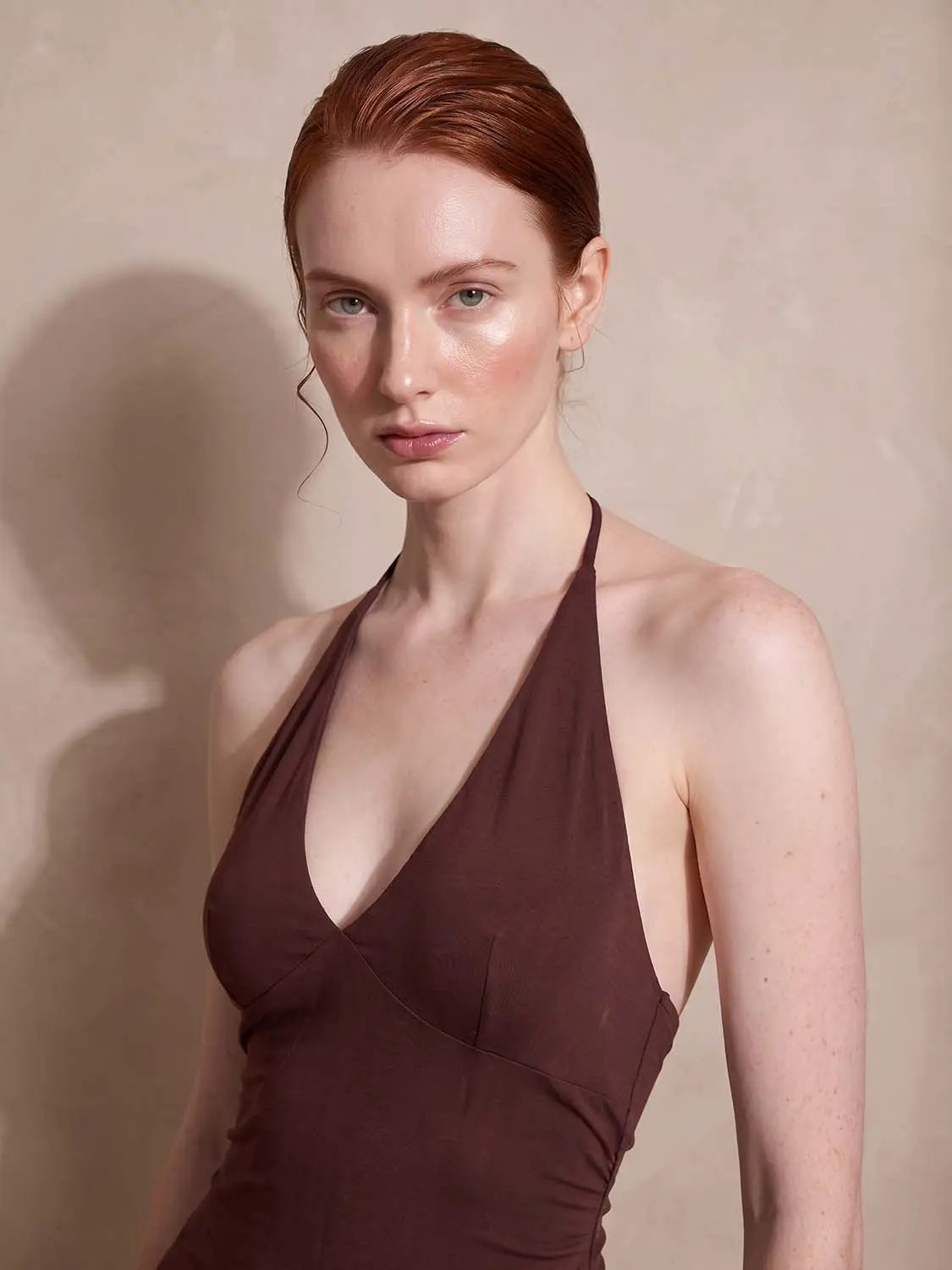 A-Line dress in chocolate brown with halter neckline, Urban Revivo Fashion.
