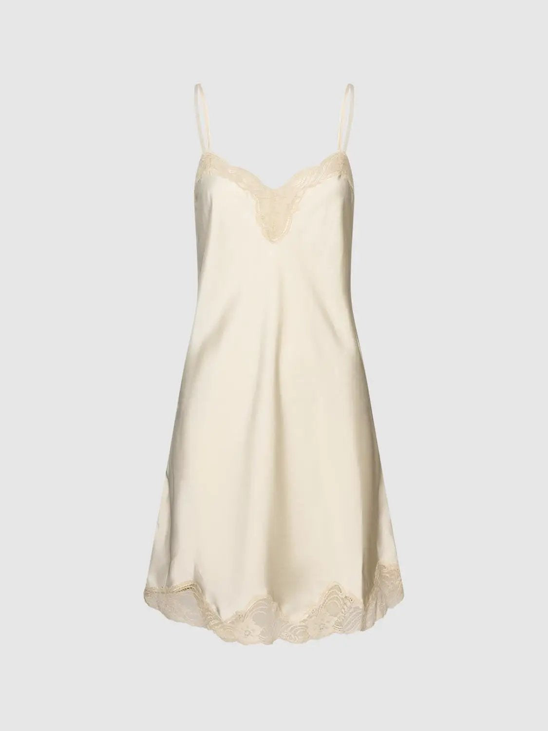 H-Line Dress by Urban Revivo Fashion, ivory satin with delicate lace trim and spaghetti straps.