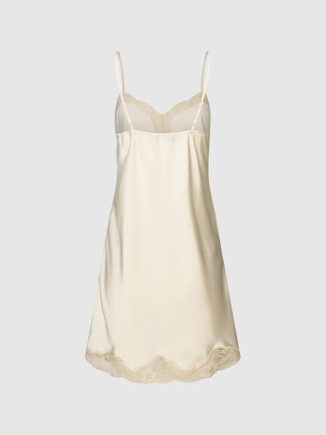 H-Line dress in ivory satin with lace trim and spaghetti straps, Urban Revivo.