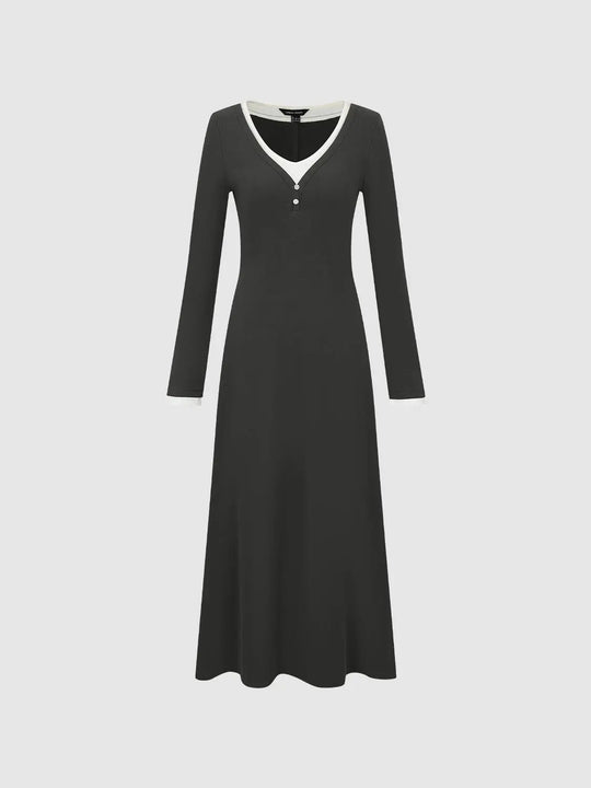 Long Sleeve V-neck Cotton Blend A-Line Dress