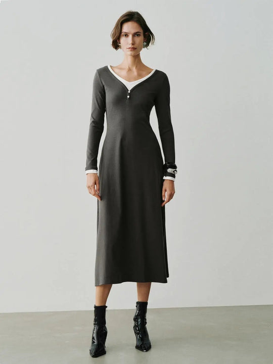 Long Sleeve V-neck Cotton Blend A-Line Dress
