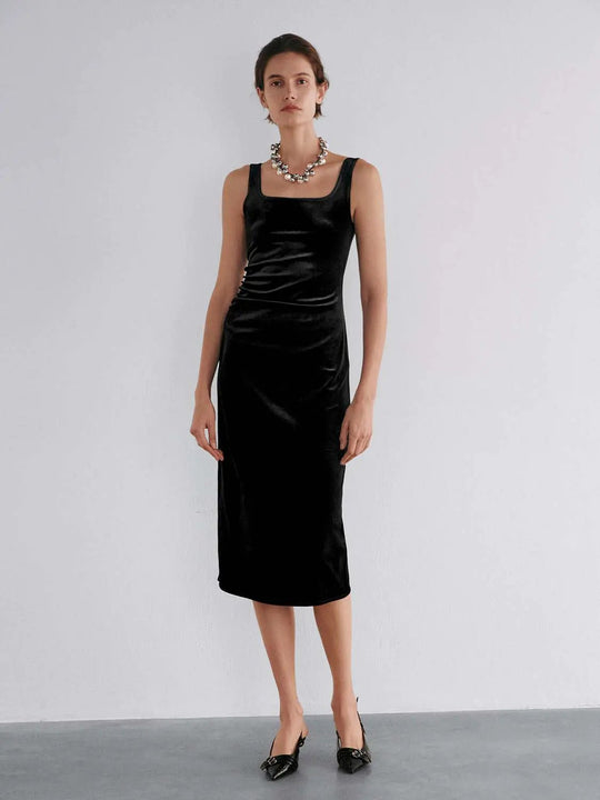 Ruched Straight Square Neck Sleeveless Midi Dress