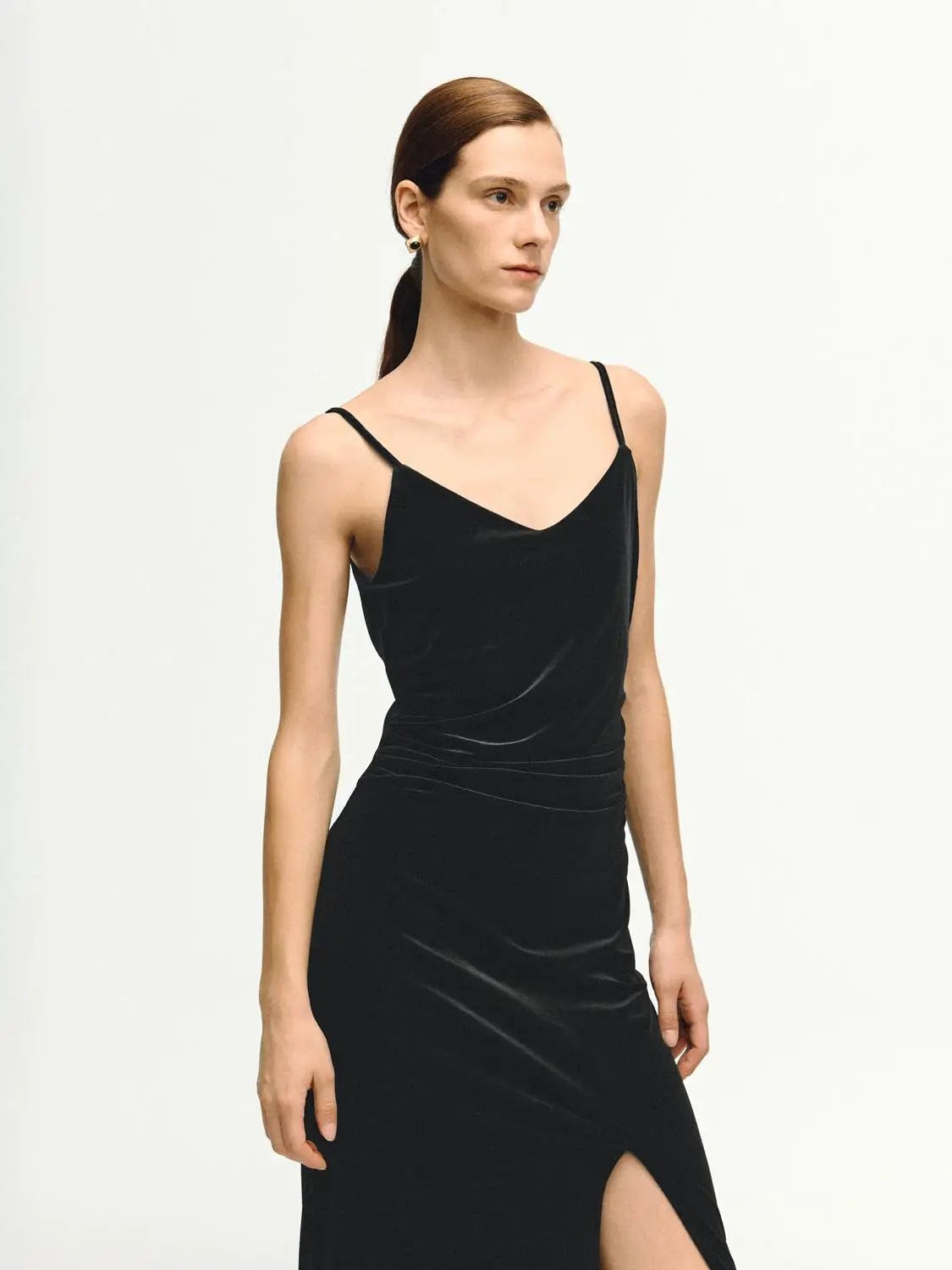 Sleek Spaghetti-Strap Midi Slit Dress by Urban Revivo Fashion, black