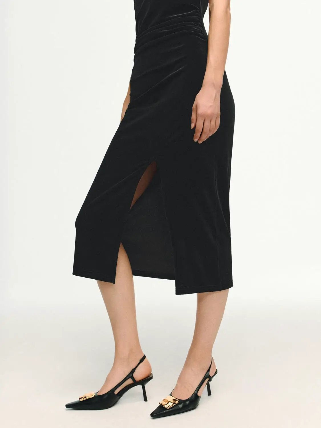 Sleek spaghetti-strap midi dress in black with a side slit.