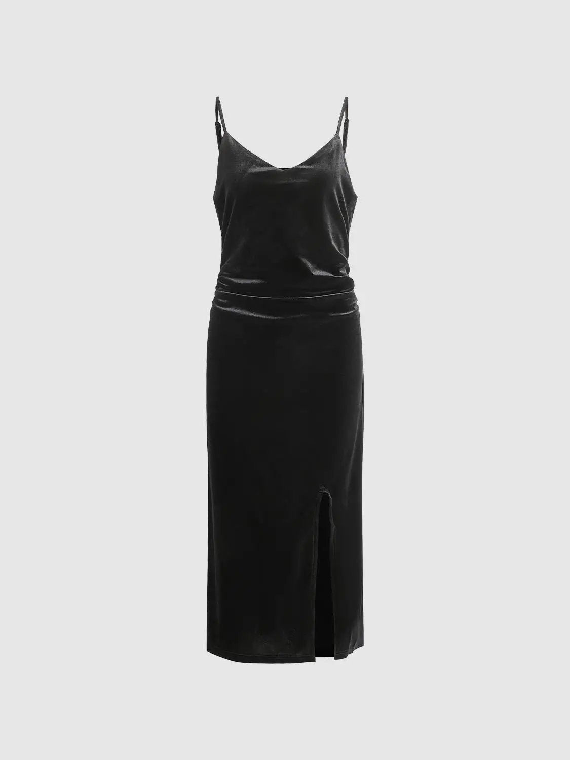 Sleek spaghetti-strap slim-fit midi dress in black velvet with a front slit