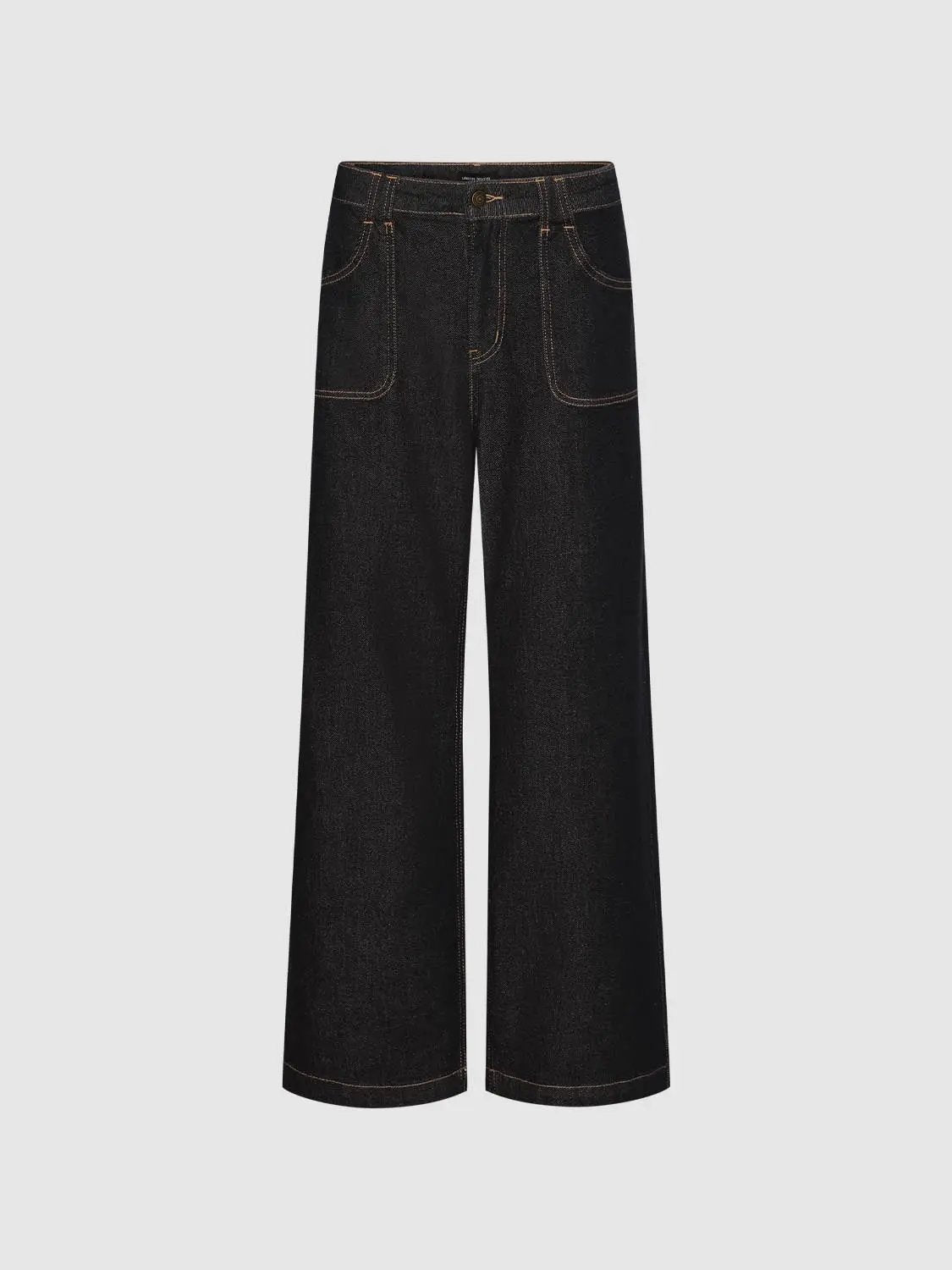 High waist wide-leg cotton jeans in dark denim with orange contrast stitching, Urban Revivo Fashion