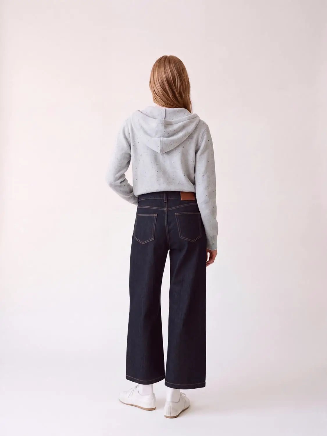 High Waist Contrast Stitch Cotton Wide Leg Jeans in dark denim with orange contrast stitching