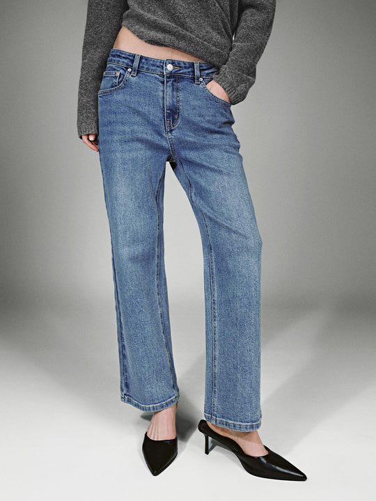 Washed Cropped Straight Leg Jeans
