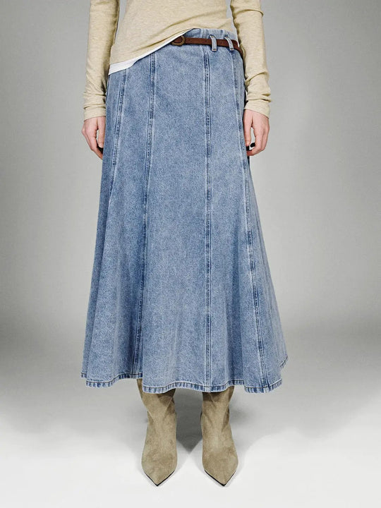 Spring-Weight Thick Denim Cotton Belted Seamed Midi A Line Skirt