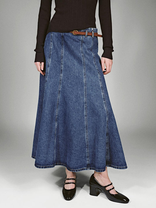 Belted Pleated Seam Detail Denim Maxi Skirts