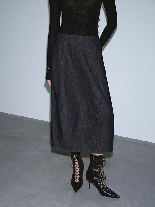 Pull On Loose Fit Denim Midi Skirts