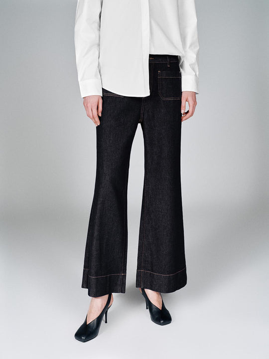 Patch Pocket Stitch Detail Flare Leg Jeans