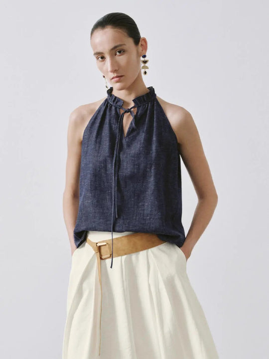 Camicia di jeans senza maniche con collo a fiocco e volant