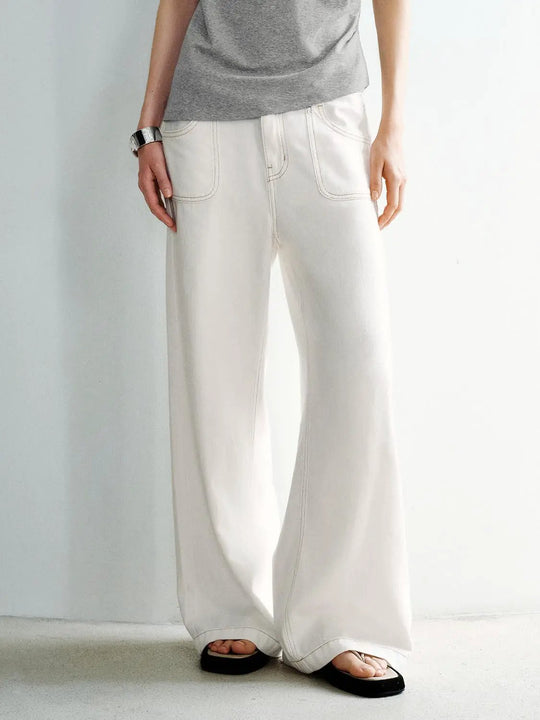 Cotton Viscose Stitch Detail Wide Leg Jeans