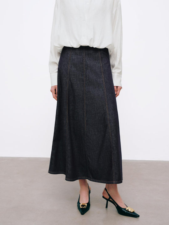 Stitch Detail Seamed Denim Midi Skirts