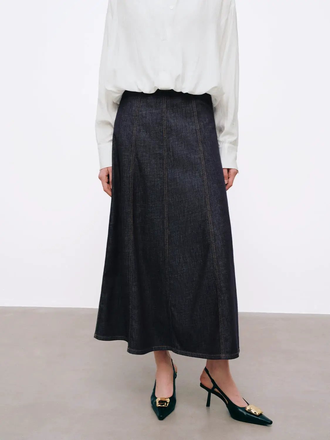 High-Waisted Stitch Detail Seamed Cotton Denim Midi Skirt by Urban Revivo Fashion, dark indigo