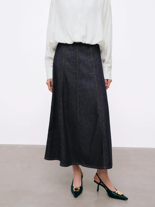 High-Waisted Stitch Detail Seamed Cotton Denim Midi Skirt