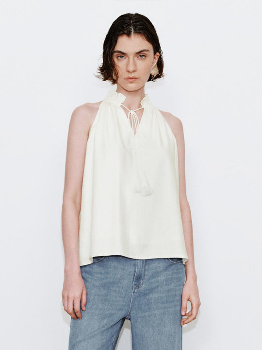 Tassel Detail Ruffle Neck Sleeveless Denim Shirts