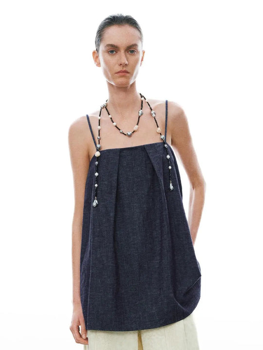 Strappy Pleated Denim Shirts