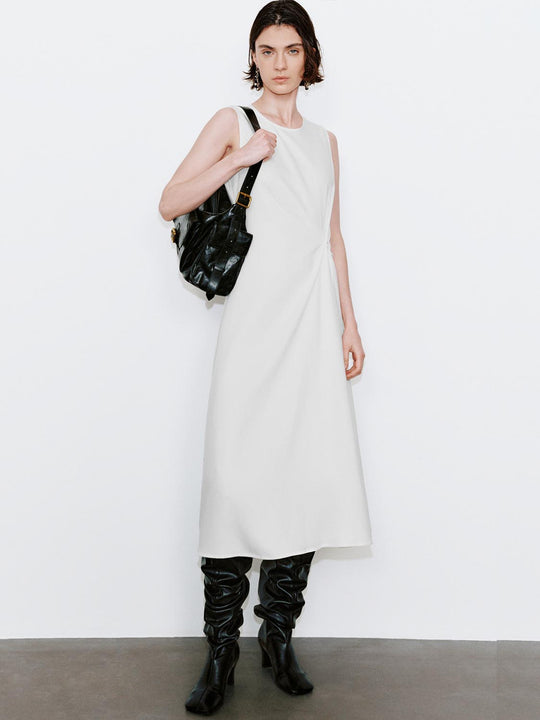 Crew Neck Sleeveless Draped Denim Midi Dresses