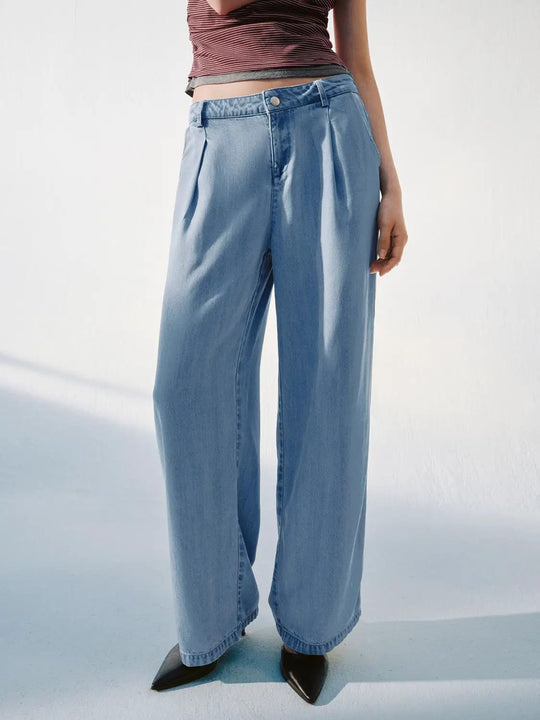 Lightwash Pleat Detail Wide Leg Denim Jeans