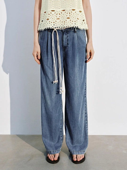 String Belt Wide Leg Jeans With Slight Stretch Medium Thickness