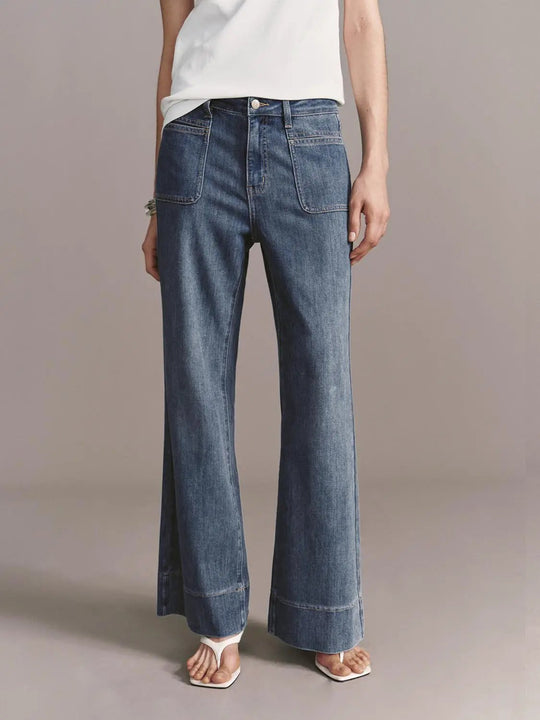 Patch Pocket Stitch Detail Flare Leg Jeans Denim