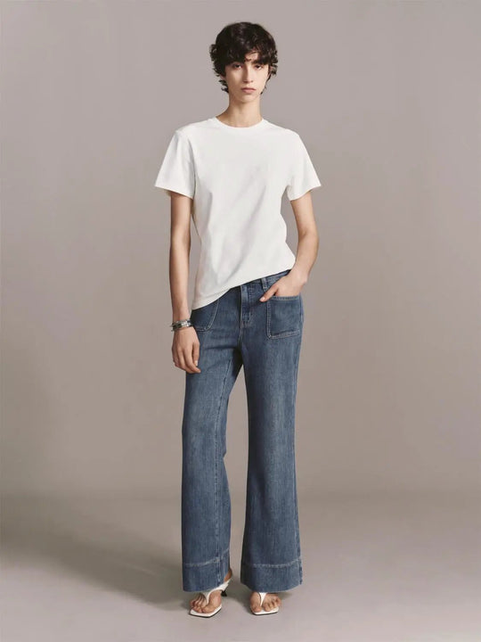 Patch Pocket Stitch Detail Flare Leg Jeans Denim