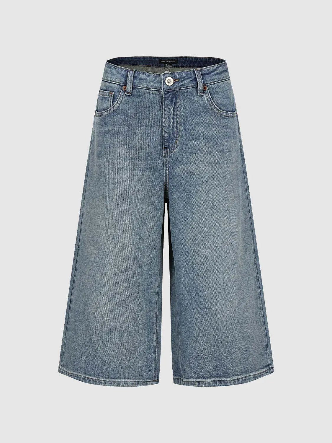 Washed cropped cotton wide-leg jeans in blue denim by Urban Revivo