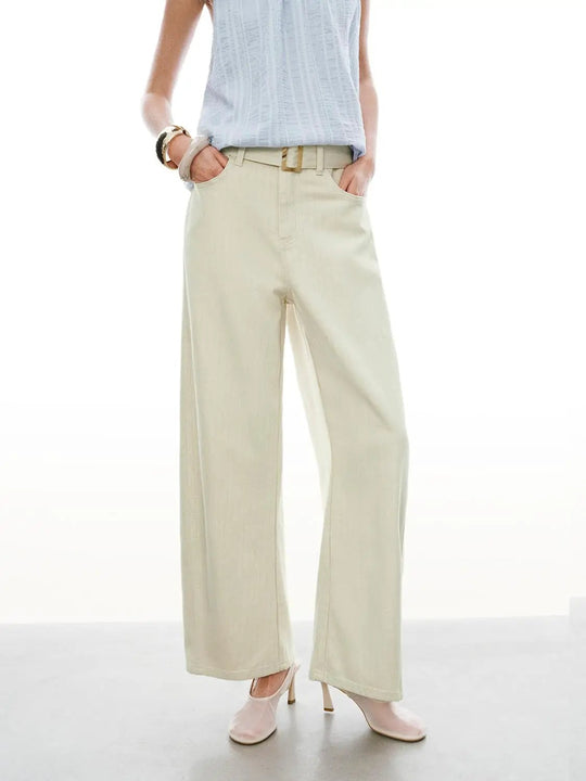 Belted Barrel Leg Denim Jeans for Everyday Casual Comfort Fit