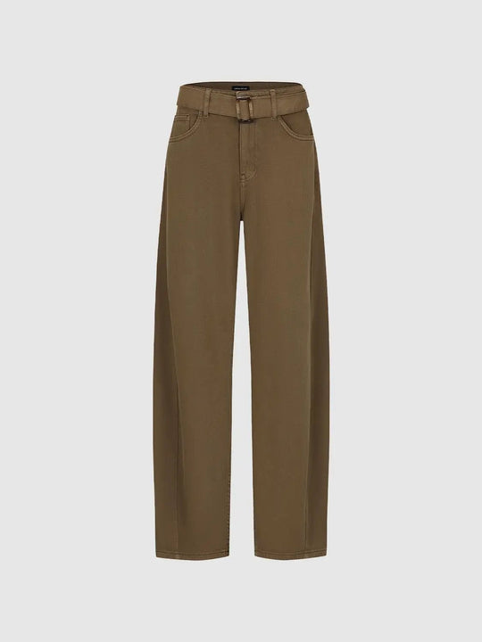 Classic Cotton Denim Belted Barrel Leg Jeans