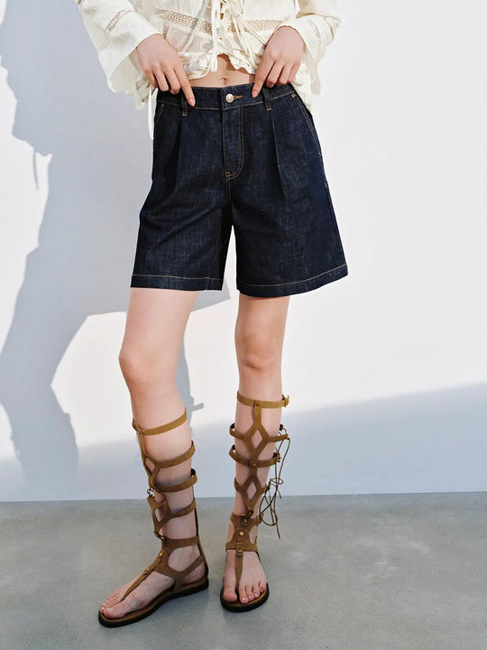 Stitch Detail Cotton Denim Medium Wash Shorts