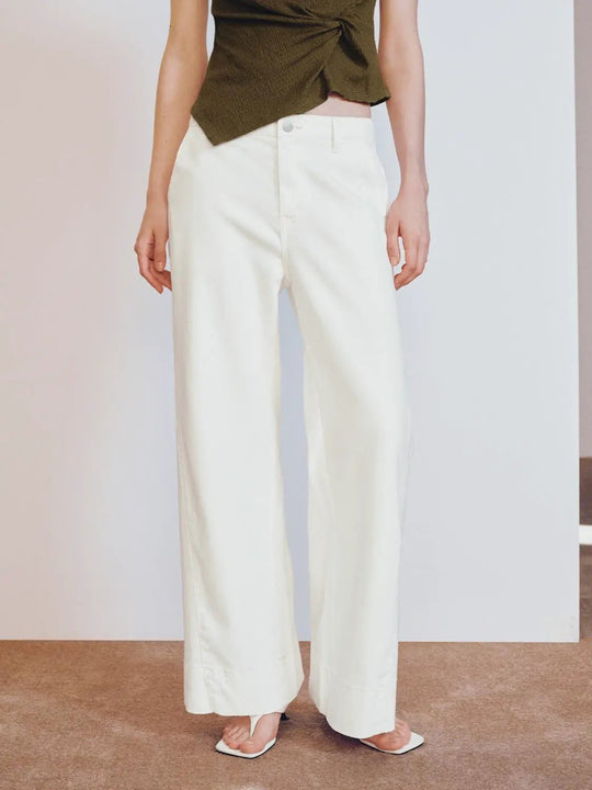 Cotton Blend Stretch Relaxed Wide Leg Trousers