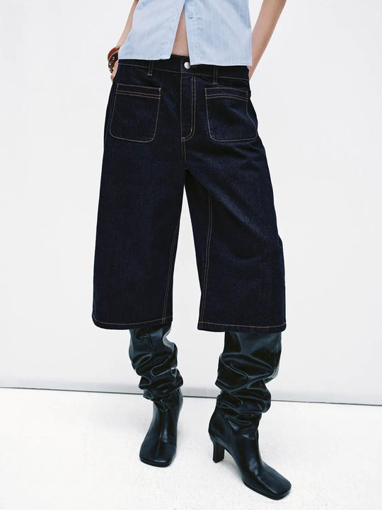 Stitch Detail Patch Pocket Cropped Wide Leg Jeans