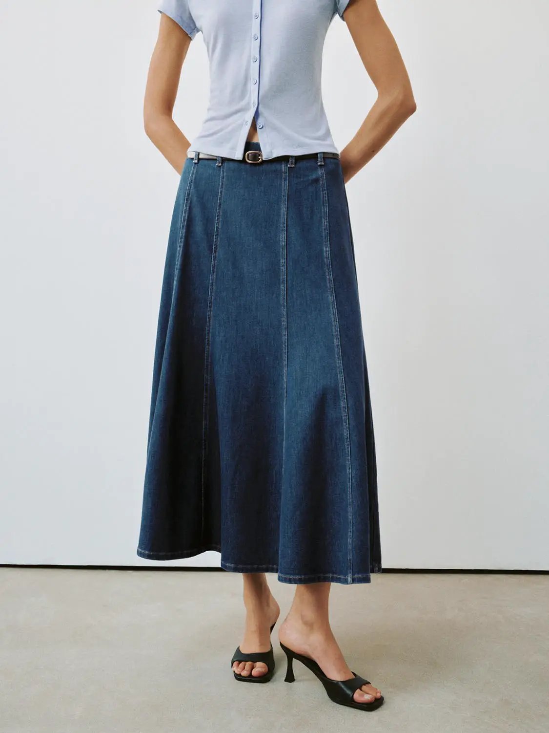 Paneled A Line Denim Skirt With Belt Soft Comfort – URBAN REVIVO
