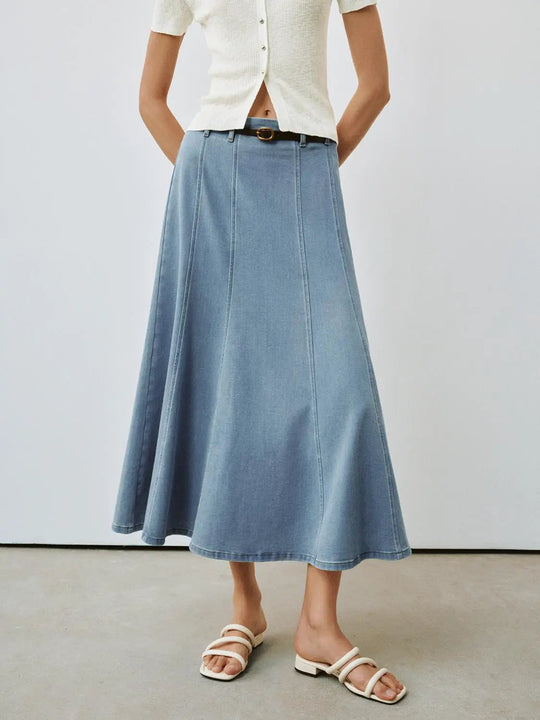 Paneled A Line Denim Skirts With Belt