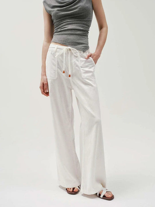100% Cotton Premium Drawstring Waist Patch Pockets Relaxed Wide-Leg Silhouette Pants