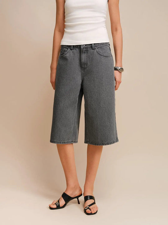 Cotton Lyocell Pinstriped Wide Leg Jeans