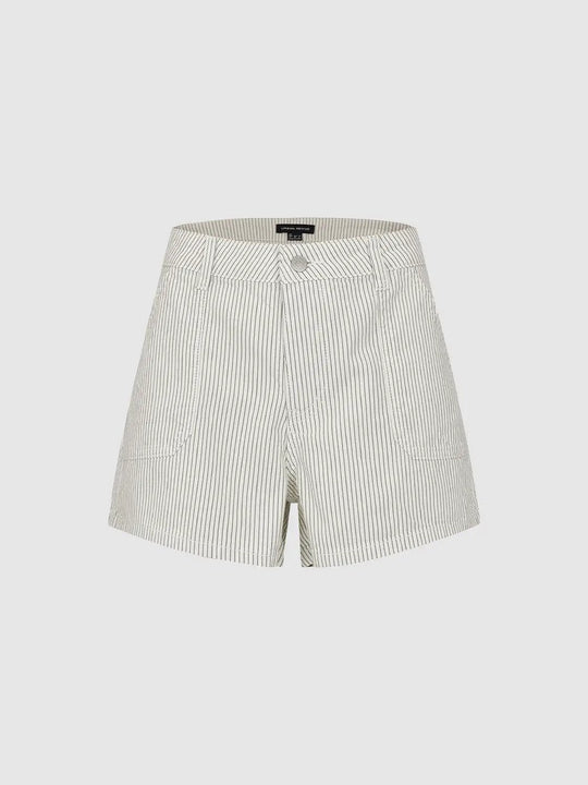 Cotton Pinstripe Structured Patch-Pocket Denim Shorts
