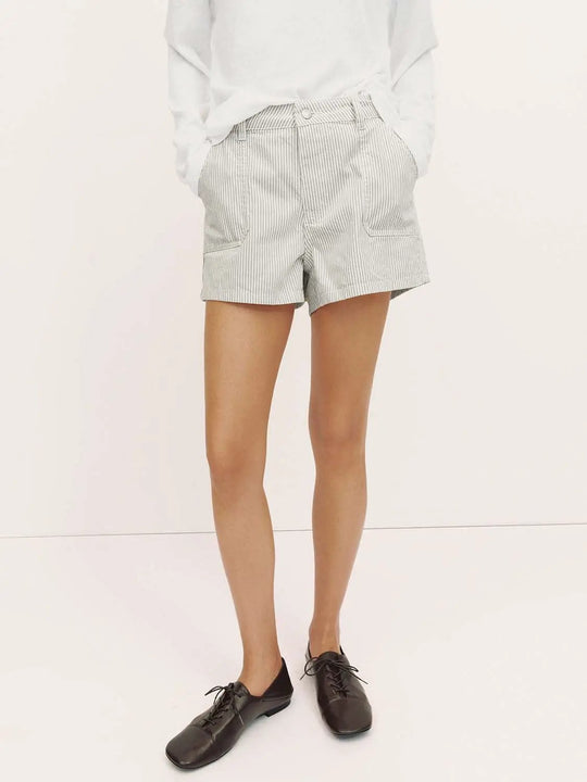 Cotton Pinstripe Structured Patch-Pocket Denim Shorts