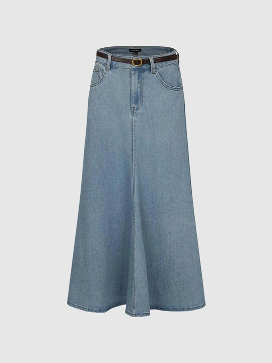 A-line Belted Waist Flared Hem Maxi Skirt
