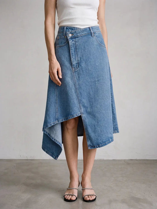 Asymmetric Overlapped Denim Wrap Midi Cotton Skirt