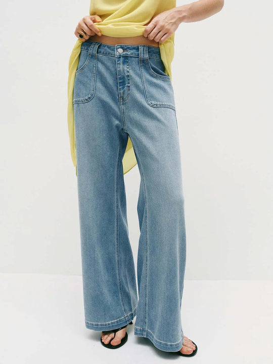Cotton Textured Weave High Rise Wide-Leg Silhouette Five-Pocket Jeans With Durable Stitching