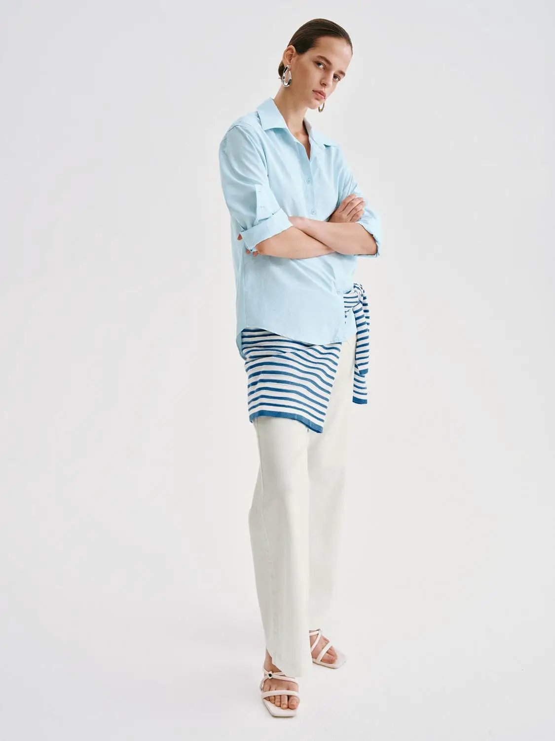 Casual wide-leg cotton-lyocell blend pants in white by Urban Revivo Fashion